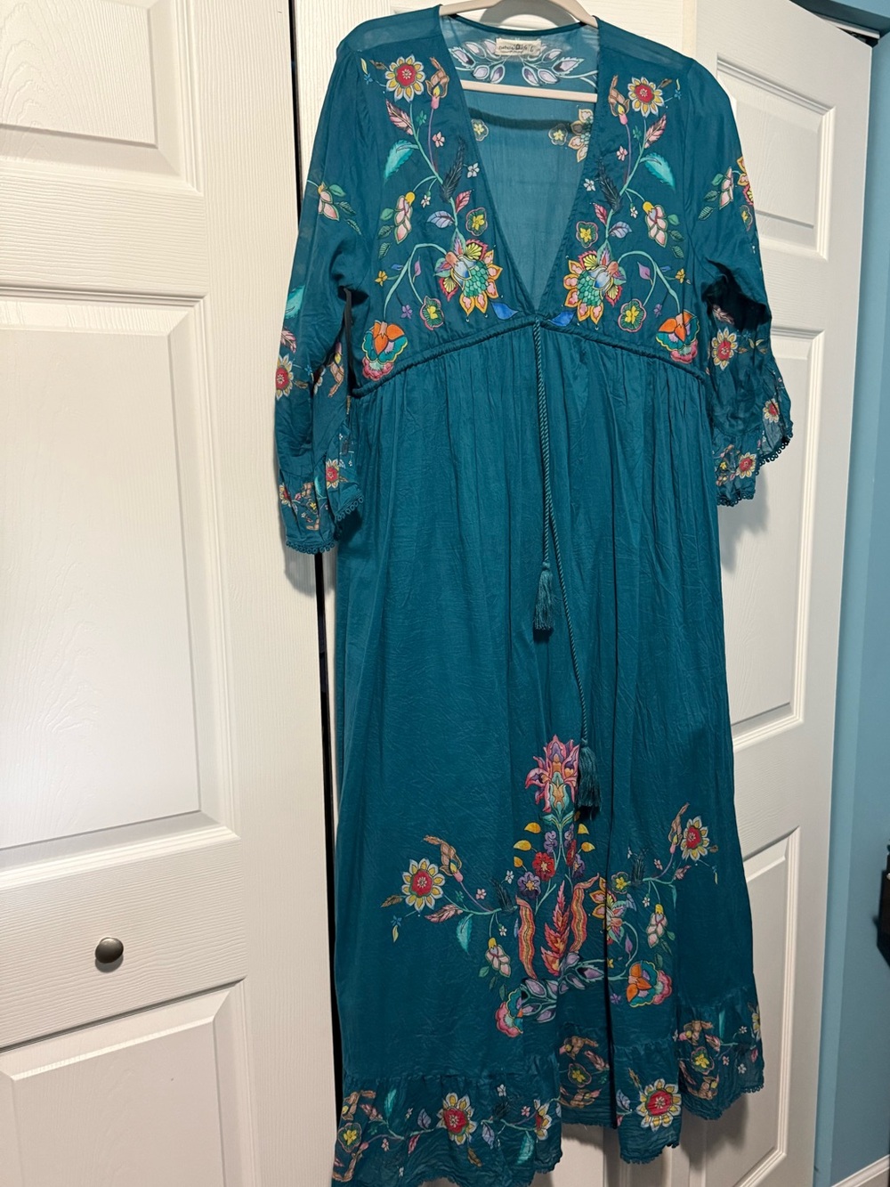 NATURAL LIFE Teal Embroidered Boho Maxi Dress